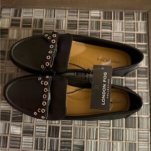LONDON FOG women’s black leather loafers with gold eyelets.  NEW with tags.
